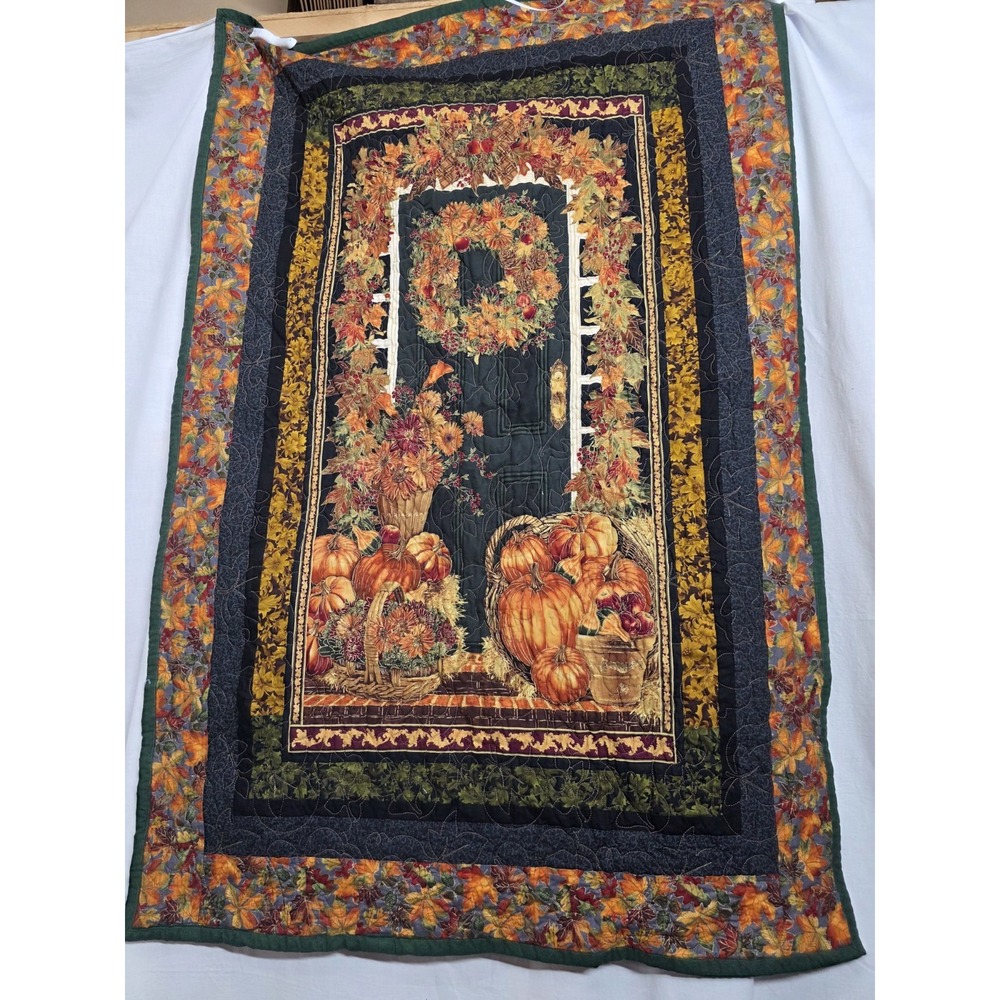 Autumn Harvest Quilt Wall Hanging Pumpkins Wreath Lap Quilt 38" x 56"